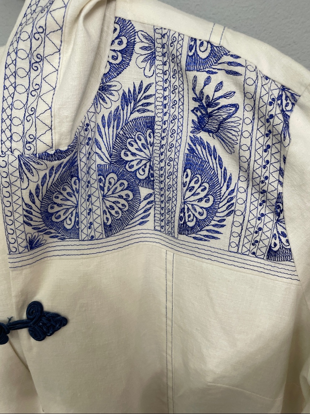 Soft Surroundings Linen Blend Maxi Peasant Caftan/ Dress Blue Embroidery Accents - Picture 13 of 13
